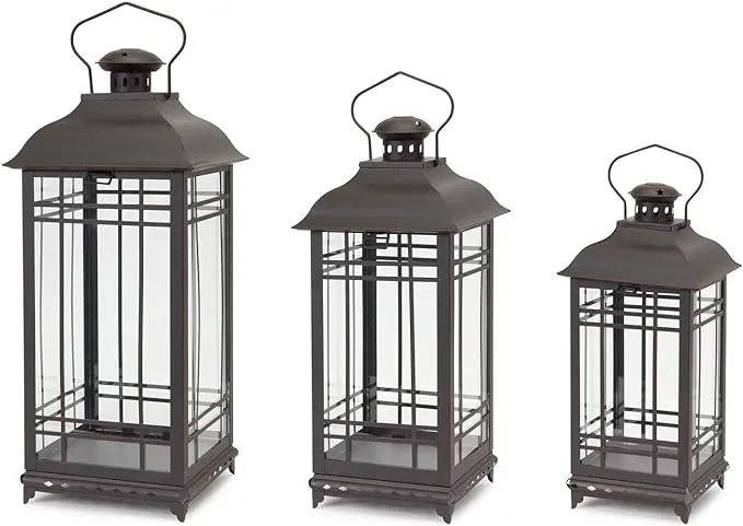 Melrose Rustic Decorative Hanging Metal and Glass Outdoor Porch Deck Patio Home Room Décor Lantern Candle Holder Lights, Bronze (Set of 3)