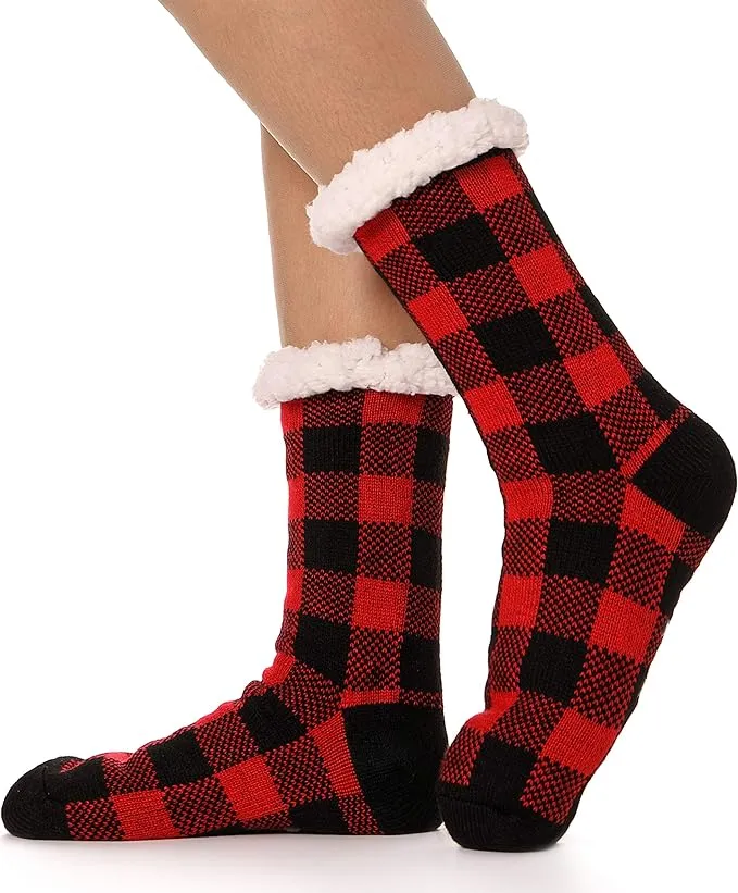 Fuzzy Socks for Women Slipper Fluffy Buffalo Plaid Cabin Cozy Winter Thick Warm Comfy Sherpa Fleece Sleep Plush Home Grips Socks Christmas White Elephant Gift Stocking Stuffer for Wife Her Teenage-RedFuzzy Socks for Women Slipper Fluffy Buffalo Plaid Cab