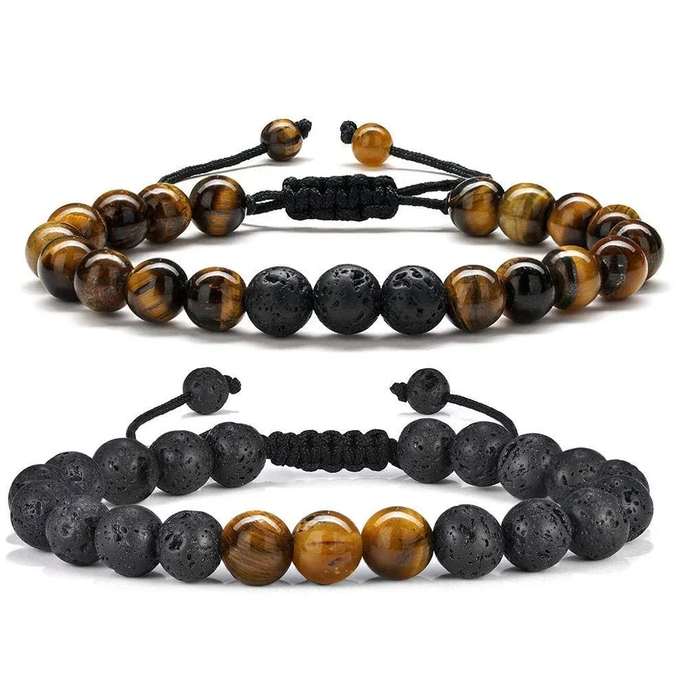 Bead Bracelet for Mens Gifts - Natural Tiger Eye Black Lava Rock Stone Mens Anxiety Bracelets, Adjustable Aromatherapy Essential Oil Diffuser Healing Bracelet Gifts for Men Gifts for Father