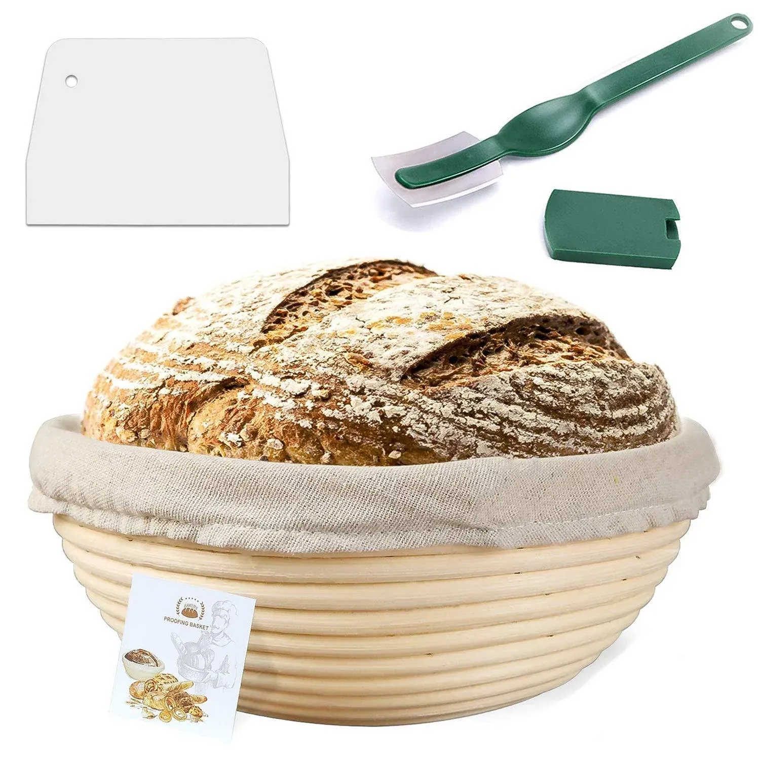 9 inch Proofing Basket,WERTIOO Bread Proofing Basket + Bread Lame +Dough Scraper+ Linen Liner Cloth for Professional & Home Bakers