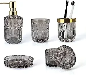 Black Bathroom Accessories Set, 5Pcs Clear Glass Bathroom Accessories, Vintag...