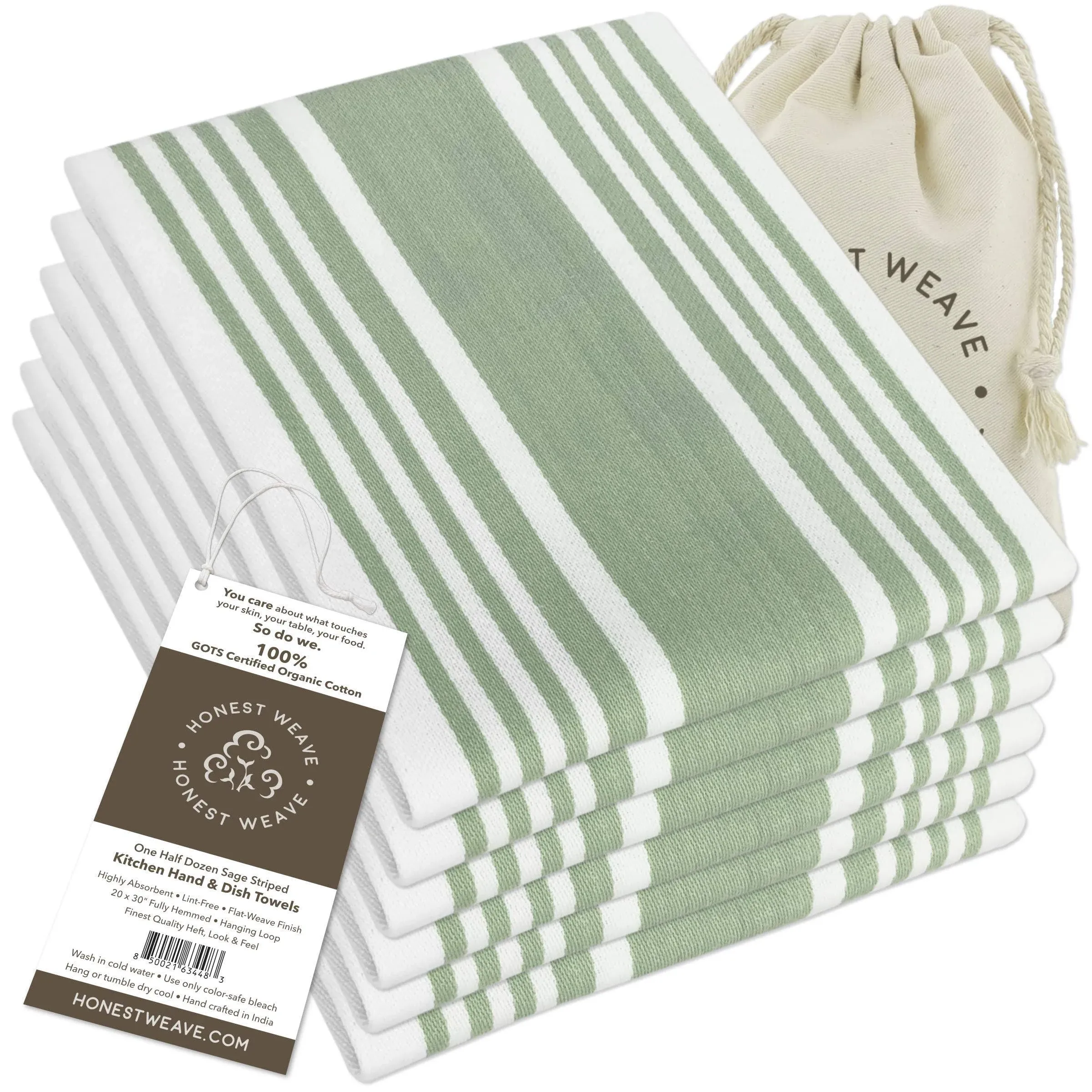 Honest Weave GOTS Certified Organic Cotton Kitchen Hand and Dish Towel Sets - Oversized 20X