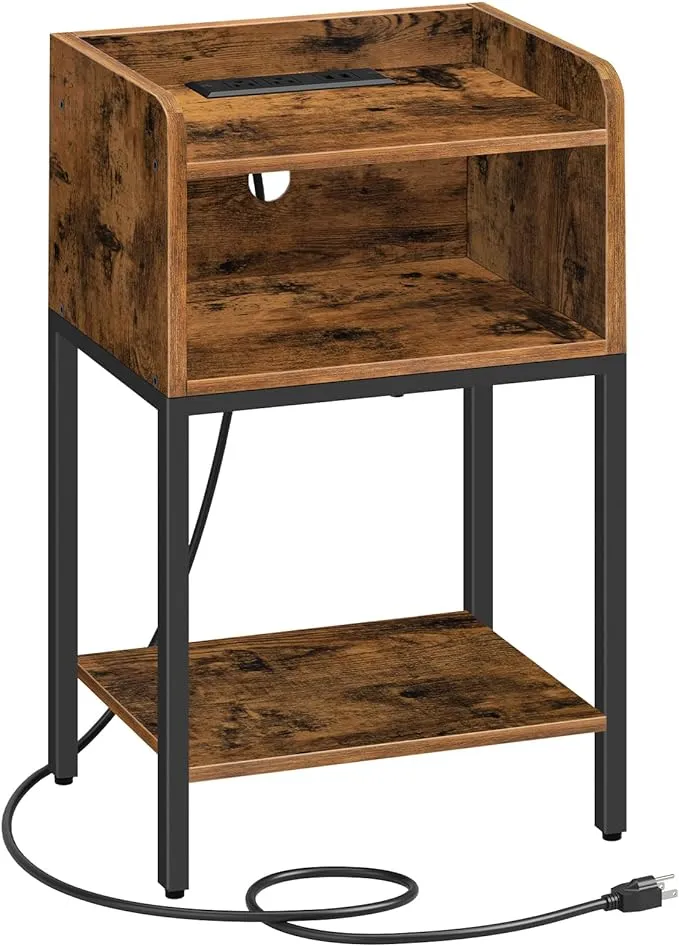 HOOBRO End Table with Charging Station, Nightstand with Open Drawer and Storage Shelves, Narrow Side Table with USB Ports and Outlets, Bedside Sofa Side Table for Bedroom, Rustic Brown BF381BZ01