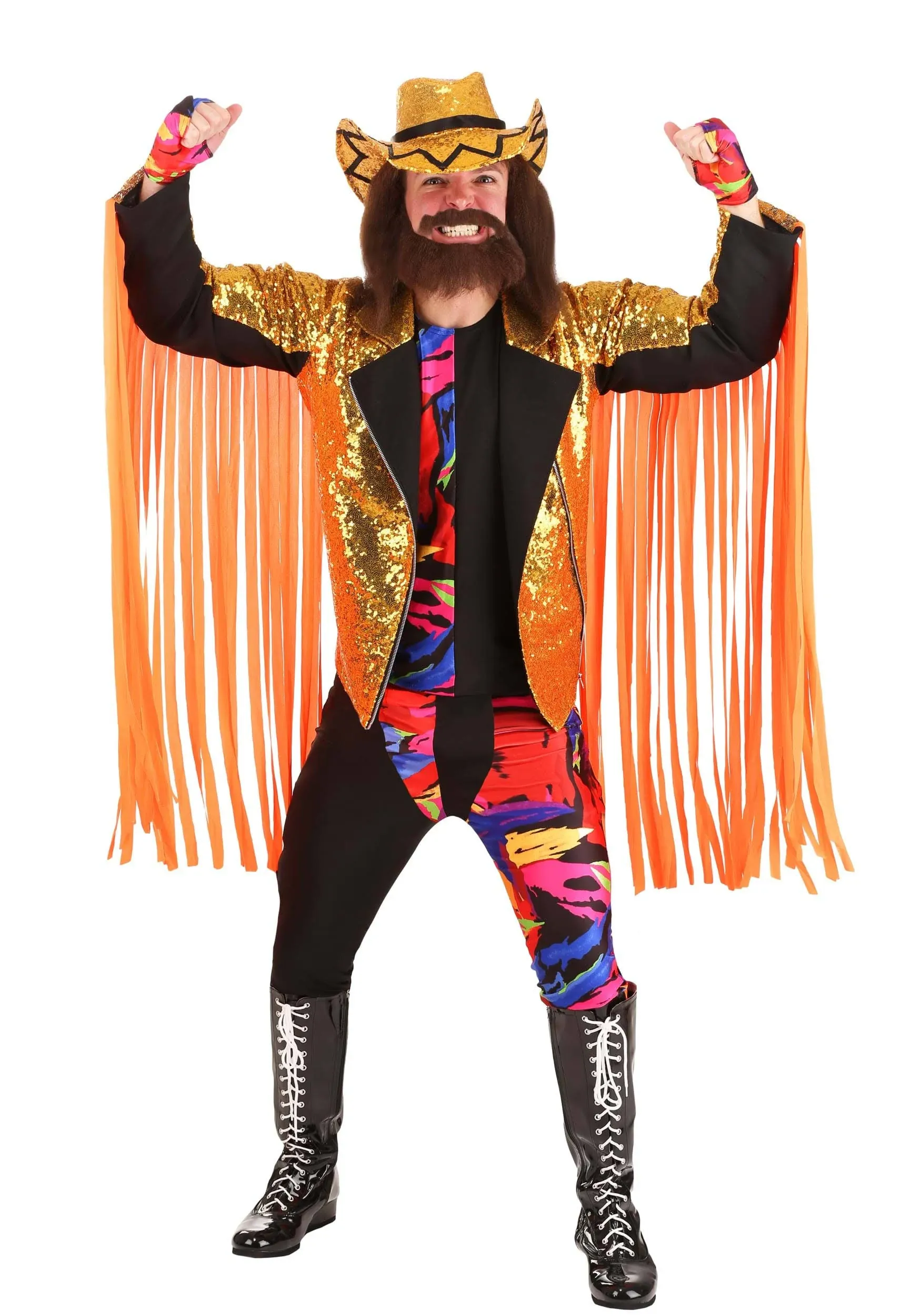 WWE Adult Macho Man Randy Savage Costume Mens, Wrestler Halloween Costume, Sequin Cowboy Hat, fingerless gloves