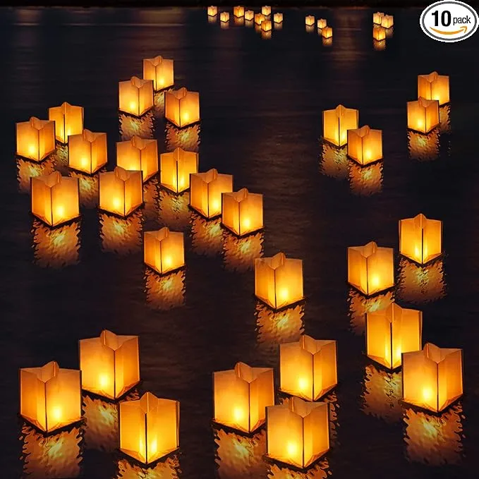 10 Pack 6" Star Shaped Floating Lanterns with Waterproof Wooden Base Sets, Paper Water Lanterns Decoration with LED Tealight Candle (10Sets Lanterns+Candles)