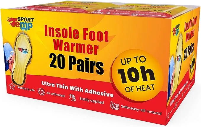 Insole Foot Warmers (20 Pairs) - Up to 10 Hours of Heat, Easily Apply with Adhesive - Ultra Thin, Easy, All Natural - Air Activated, Odorless Hot Insole Warmers - Sport Temp