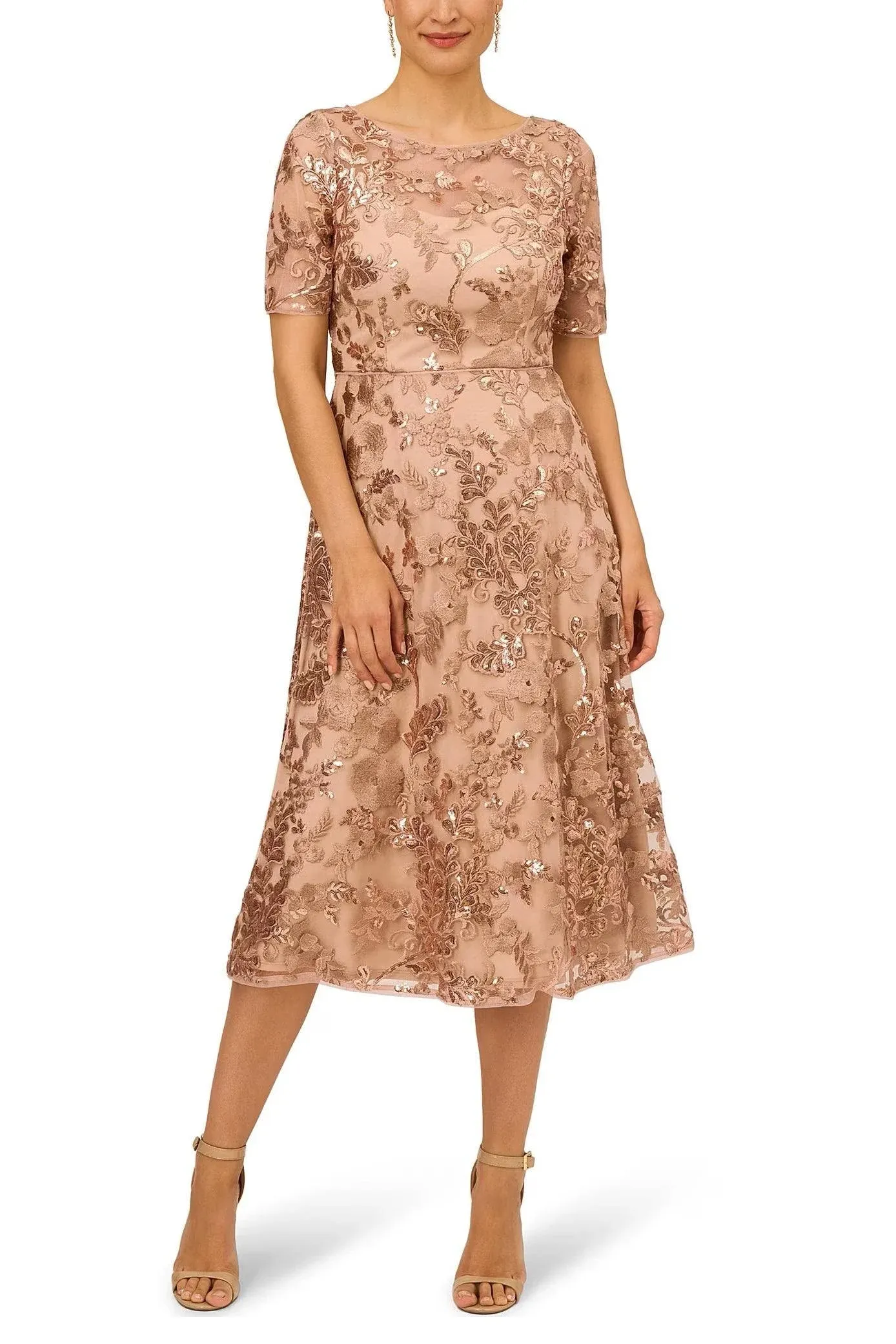 Adrianna Papell Womens Sequined Embroidered Midi Dress - Almondine