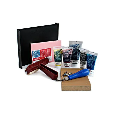 Speedball Deluxe Block Printing Kit with Printmaking Paper, Includes Inks, Brayer, Bench Hook, Lino Handle and Cutters, Speedy-Carve Block, Mounted Linoleum Block