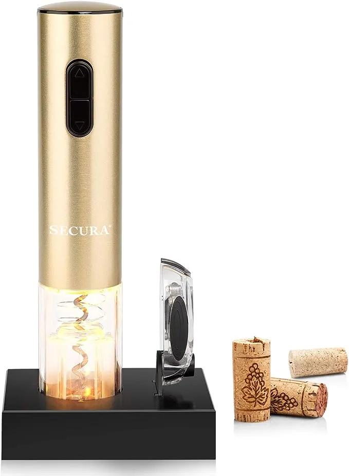 Secura Electric Wine Opener, Automatic Electric Wine Bottle Corkscrew Opener with Foil Cutter, Rechargeable (Champagne Gold)