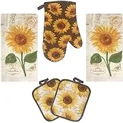 Lobyn Value Packs Golden Sunflower Kitchen Towel 5 Piece Linen Set 2 Towels 2 Pot Holders 1 Oven Mitt