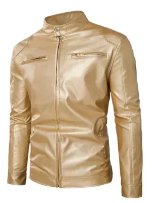 Lars Amadeus Men's Zipper Stand Collar Motorcycle Metallic Faux Leather Jacket, Medium