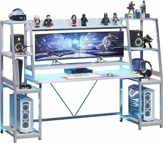 SEDETA White Gaming Desk 65.7'' with LED Lights, Hutch and Storage Shelves, Computer Desk with Monitor Stand, Large PC Gamer Desk Workstation, Ergonomic Gaming Table for Bedroom, Living Room