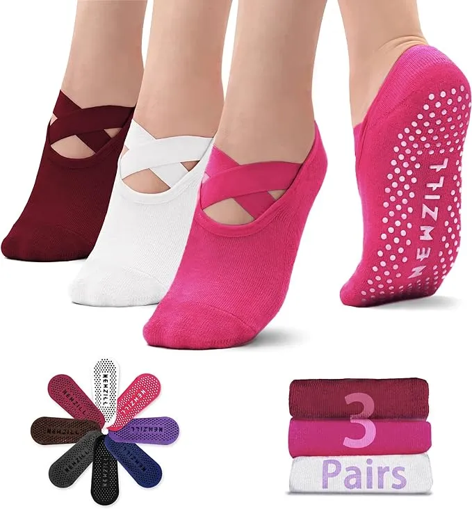 NEWZILL 2024 Non Slip Yoga Socks for Women, Grips Socks with Cushion for Pilates Barre Ballet Dance Hospital (3 Pairs)