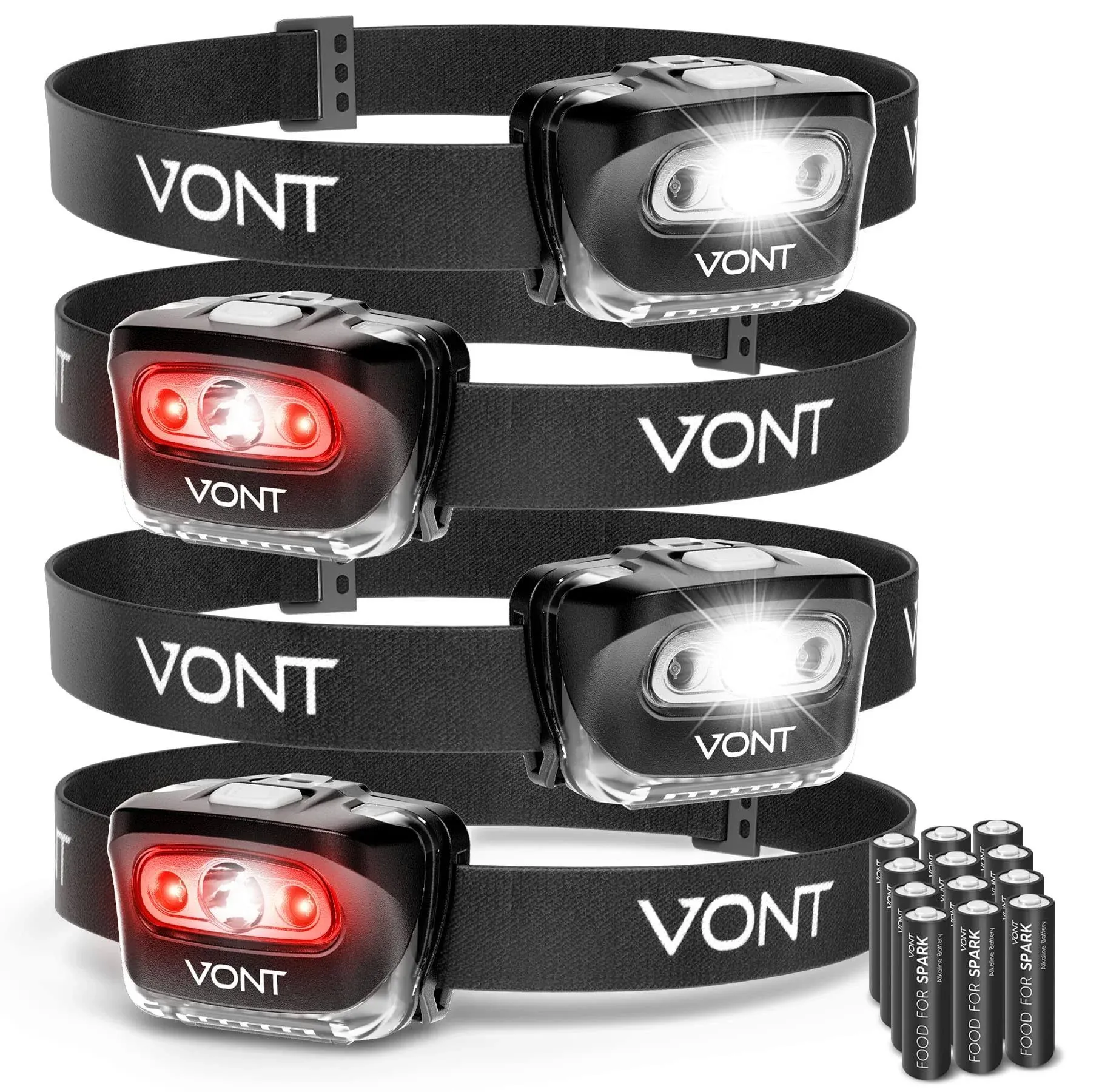 Vont LED Headlamp [Batteries Included, 2 Pack] IPX5 Waterproof, with Red Light, 7 Modes, Head Lamp, for Running, Camping, Hiking, Fishing, Jogging, Headlight Headlamps for Adults & Kids, Red