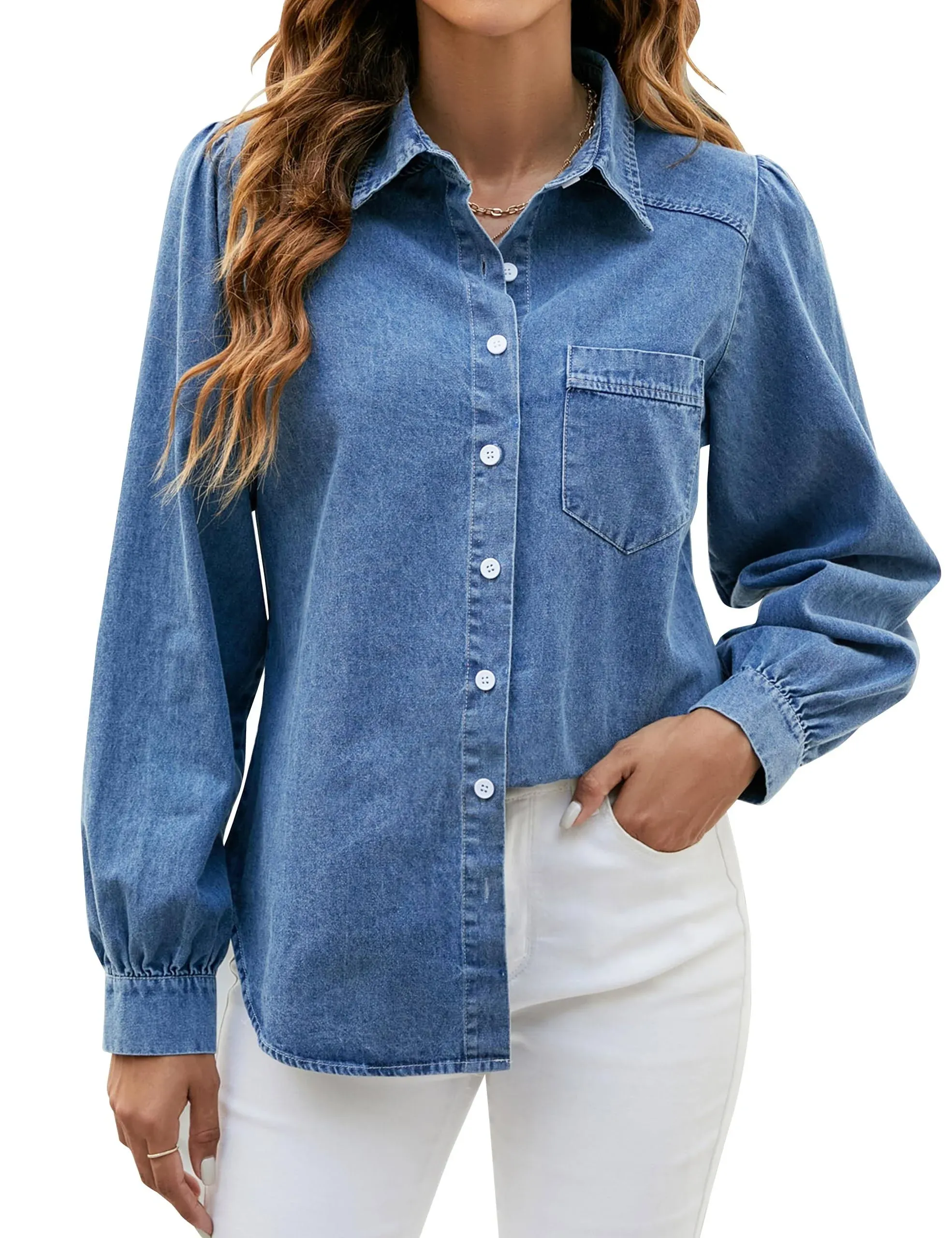 BMJL Womens Denim Shirt Business Casual Button Down Work Blouses Puff Sleeve Summer Tops