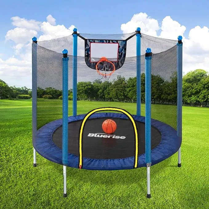 BLUERISE Trampoline 55IN 6FT Toddler Trampoline for Kids Indoor Outdoor Play for Kids Trampoline Basketball Hoop Attachment with Enclosure Net Easy to Assemble Outdoor Indoor Trampoline