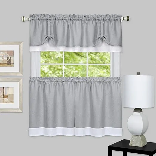 Darcy (Grey/White) Tier and Valance Window Curtain Set - 58 Inch Width, 24 Inch Length - Light Filtering Drapes for Kitchen, Bedroom, Living & Dining Room by Achim Home Decor