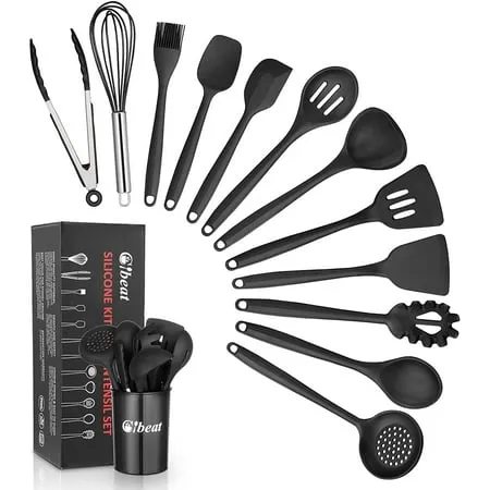 Cibeat Kitchen Silicone Utensil Set 13 Pcs Silicone Handle Heat Resistant Cooking Utensils BPA Free Non-Stick Cookware with Holder Black