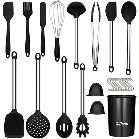 Kitchen Utensils Set, 26 Pcs Non-Stick Silicone Cooking Utensils Spatula Set with Holder, Sturdy Wooden Handle, Heat Resistance Silicone Kitchen Gadgets Utensils Set, Black