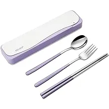 DEVICO Travel Utensils, Portable 18/8 Stainless Steel Silverware Flatware Set, Include Fork Spoon Chopsticks with Case (Purple)