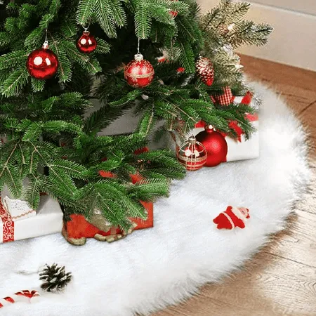 7Felicity Christmas Tree Skirt, Fur Rustic White Xmas Tree Skirt,Snowy Christmas Trees Mat Decorations Indoors,Deer and Snowflake Pattern