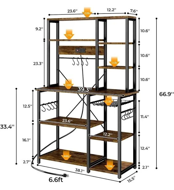 Superjare Large Bakers Rack With Power Outlets 6-tier Microwave Stand