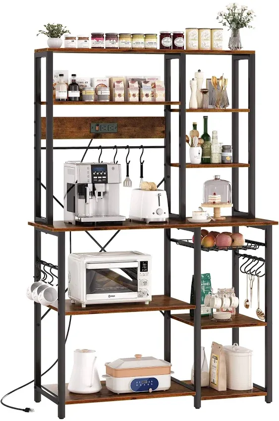 Large Bakers Rack with Power Outlets 6-Tier Microwave Stand Coffee Bar with 12 S-Shaped Hooks