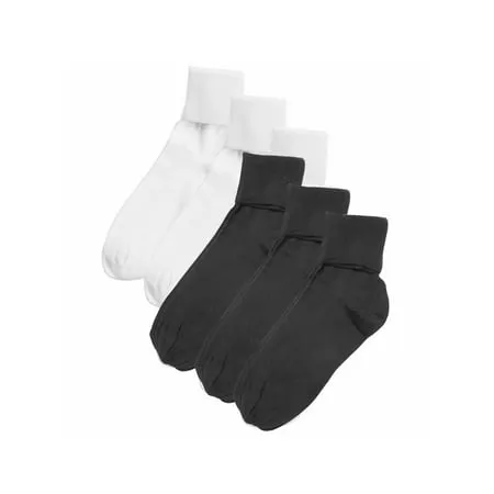 Buster Brown Womens 100% Cotton Fold Over Socks - 6 Pair Pack - White/Black - XL