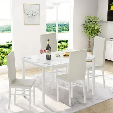 5 Piece Kitchen Dining Table and Chair Set, Dining Room Table Set with Faux Marble Table PU Leather Padded Chairs, Rectangle Dining Table Set for 4, Dinette Set for Kitchen Dining Room Small Space