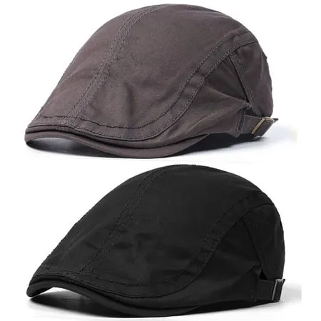 Bodychum Newsboy Cap for Men Cotton Flat Hat Adjustable Duckbill Buckle Cap Classic Irish Cabbie Driving Breathable Hunting Hat Black+Gray