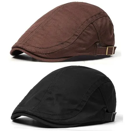 Bodychum Newsboy Cap for Men Cotton Flat Hat Adjustable Duckbill Buckle Cap Classic Irish Cabbie Driving Breathable Hunting Hat Black+Coffee