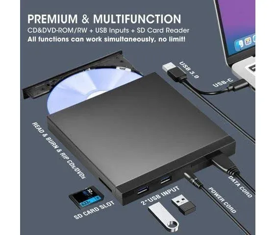 ROOFULL External CD DVD +/-rw Drive with SD Card Slot and USB Ports, USB 3.0 Portable CD/DVD ROM Burner Player Reader Writer Optical Disk Drive for La