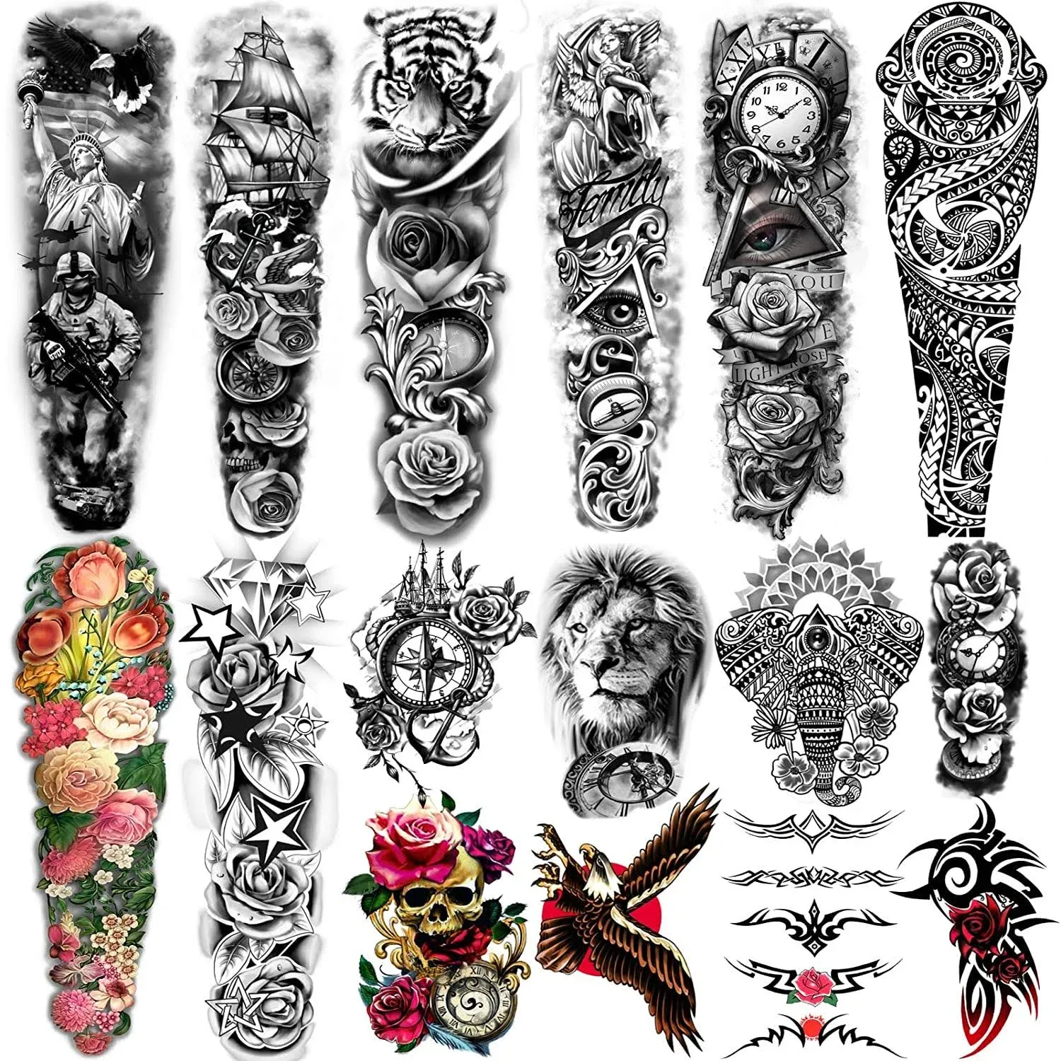 Yazhiji Extra Large Temporary Tattoos 8 Sheets Full Arm Fake Tattoos and 8 Sh...