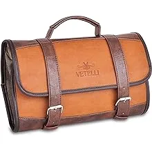 Vetelli Leather Toiletry Bag for Men - Water Resistant, 2 Zippered Internal Pockets, 2 Snap-Fastened Internal Pockets, and Hanging Hook.