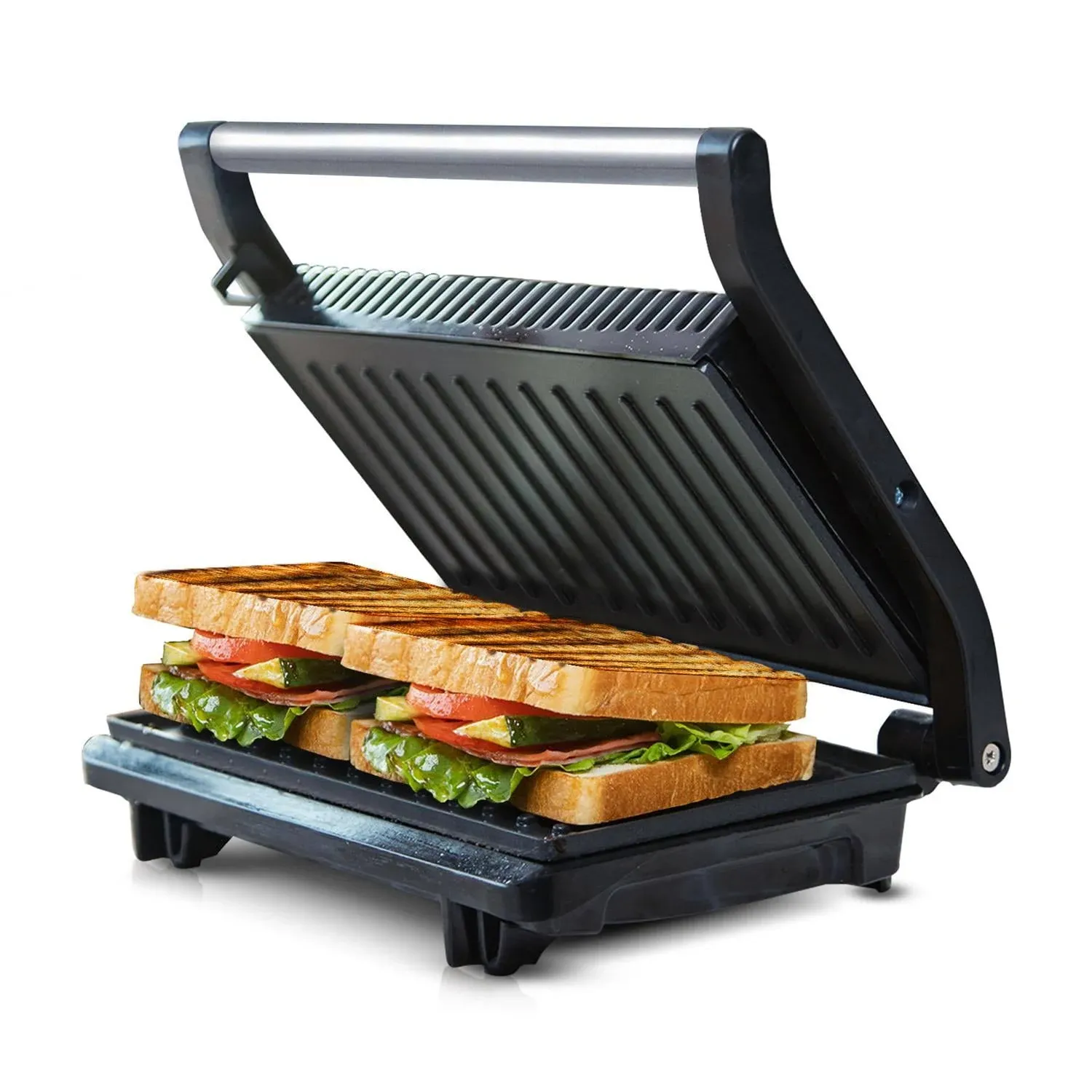 Gourmet Panini Press Grill - Non-Stick Coated Plates, Opens 180 Degrees, Stai...