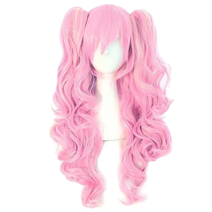 MapofBeauty 28 Inch/70 cm Lolita Long Curly 2 Ponytails Clip on Cosplay Wig (Hot Pink)