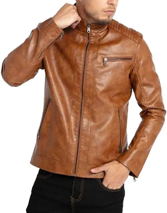 WULFUL Men S Stand Collar Leather Jacket Motorcycle Lightweight Faux Leather Outwear