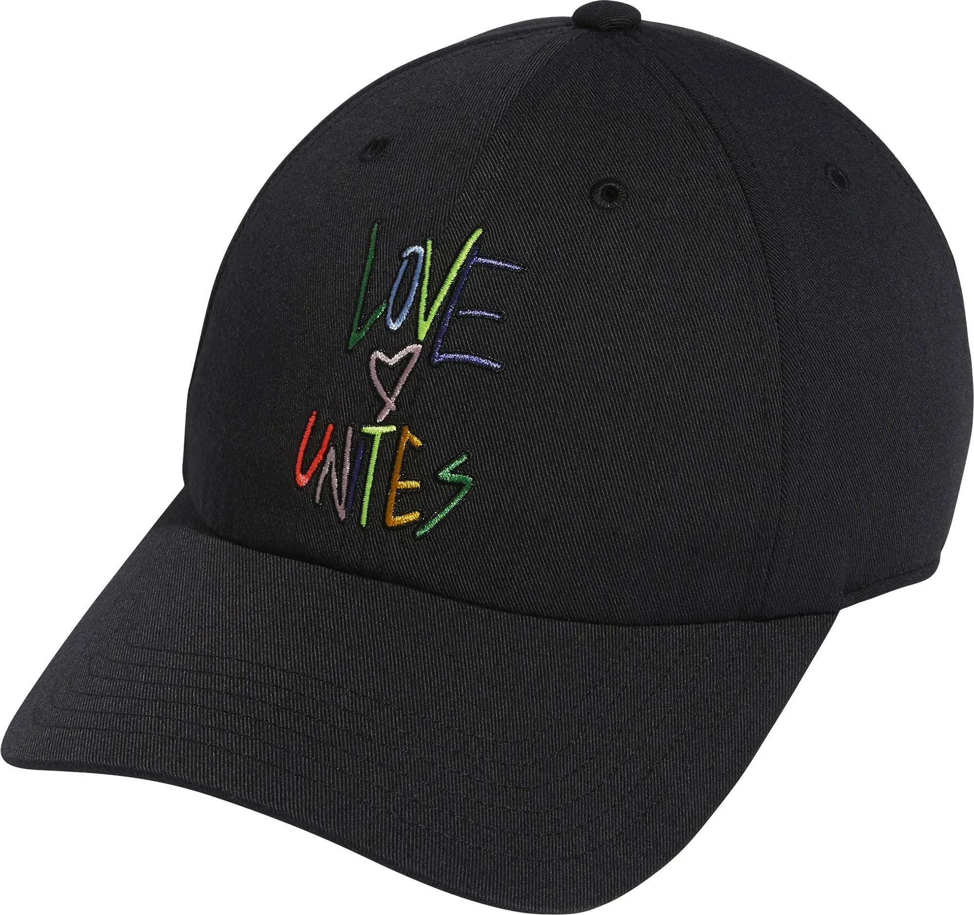 adidas Love Unites hat in Black, adjustable strap, Relaxed Fit