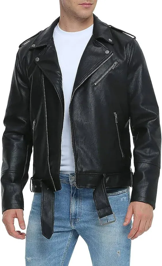 Fahsyee Faux Leather Jacket Men - Black Bomber Jackets Motorcycle Stand Collar Lightweight Zip-Up Slim Fit Biker Coat