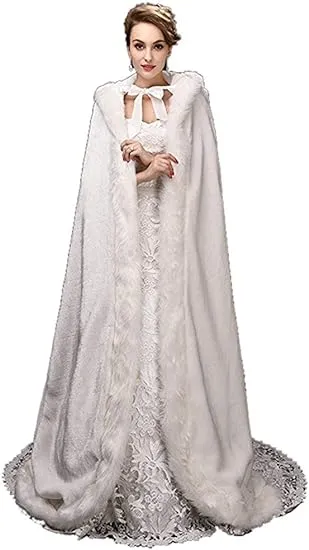 White Women's Wedding Cloak Coat with Hoods Winter Long Jacket Bridal Wraps Warm Faux Fur Cape