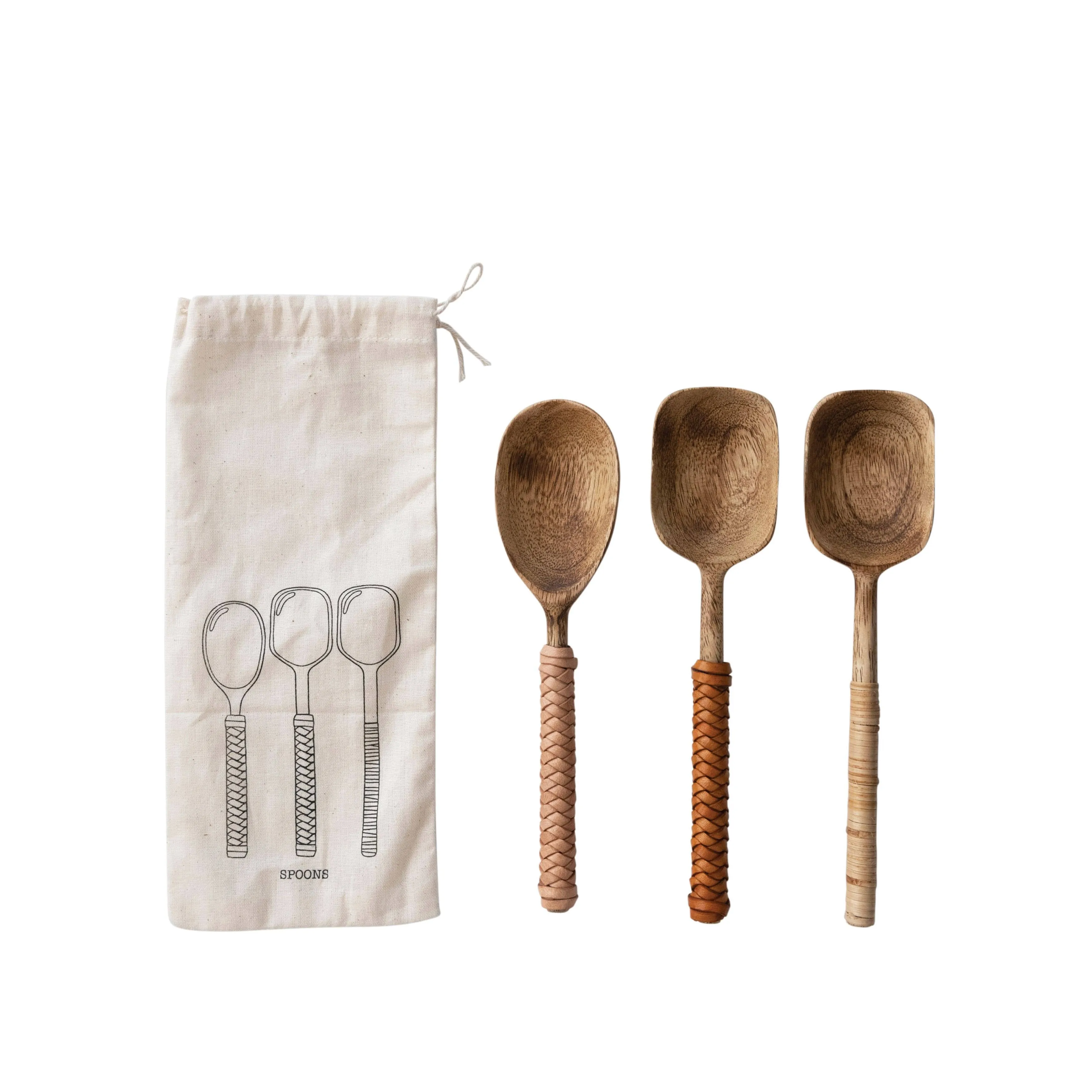 Mango Wood Spoons with Bamboo and Leather Wrapped Handles, Set of 3 in Printed Drawstring Bag - Creative Co-Op | Havenly