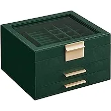 SONGMICS Jewelry Box with Glass Lid, 3-Layer Jewelry Organizer, 2 Drawers, for Big and Small Jewelry, Jewelry Storage, Modern Style, 8 x 9.1 x 5.3 Inches, Forest Green and Gold Color UJBC239C01