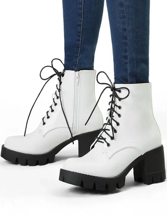 Allegra K Women's Platform Chunky Heel Combat Boots White 9.5