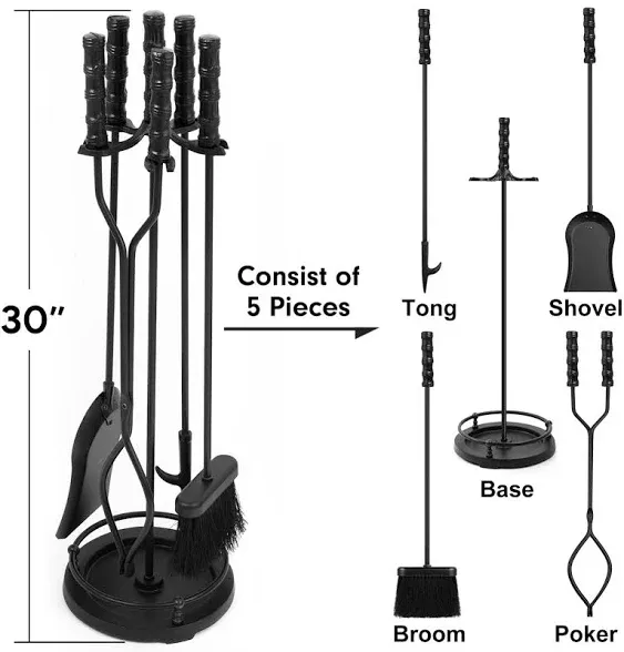 Amagabeli 5 Pieces Wrought Iron Indoor Fireplace Set with Poker Tongs, Broom Shovel