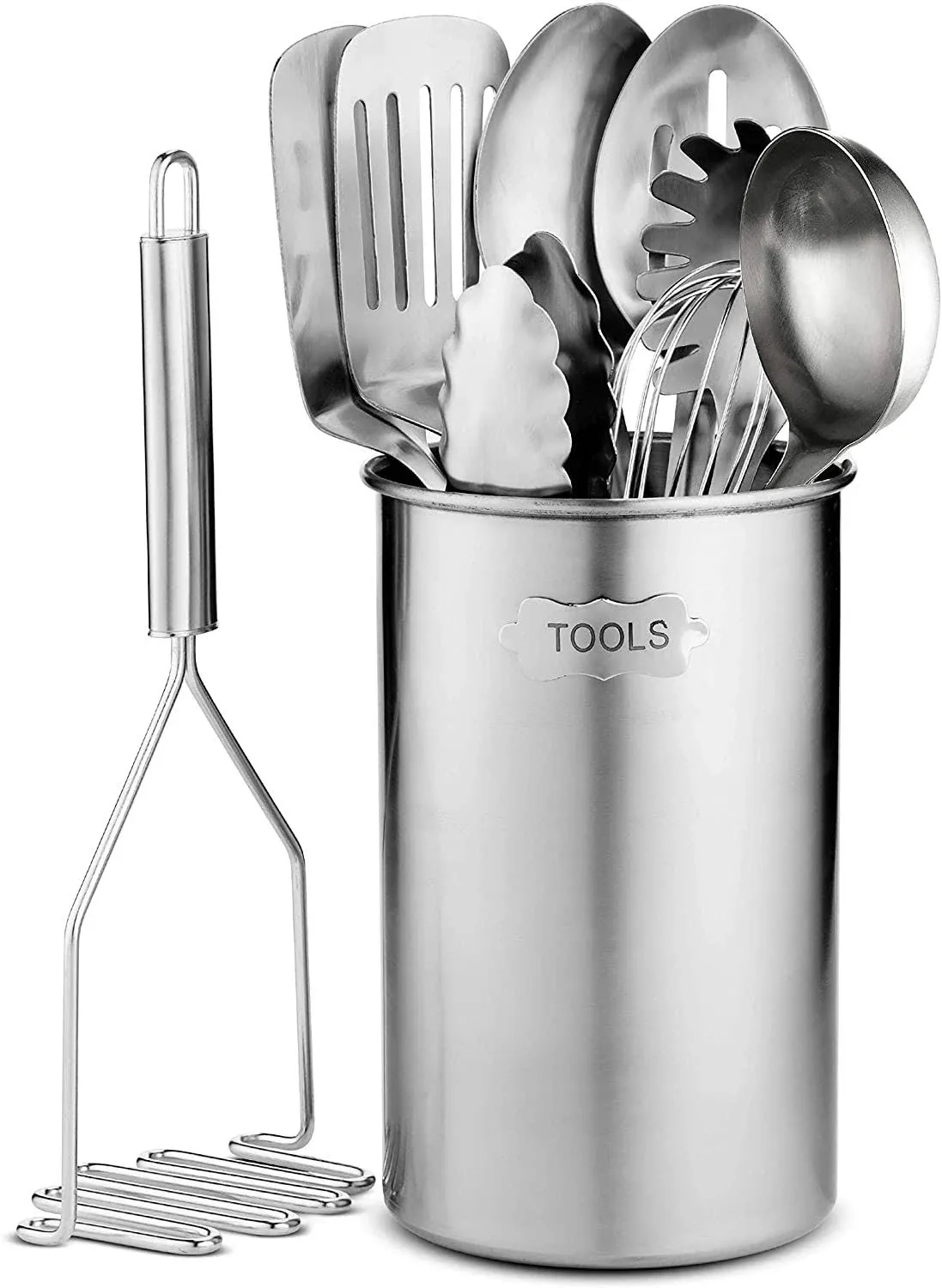 FineDine Stainless-Steel Kitchen Utensil Set - 10-piece premium Nonstick & Heat Resistant Gadgets, Turner, Spaghetti Server, Ladle, Serving Spoons, Whisk, Tongs, Potato Masher & Utensil Holder