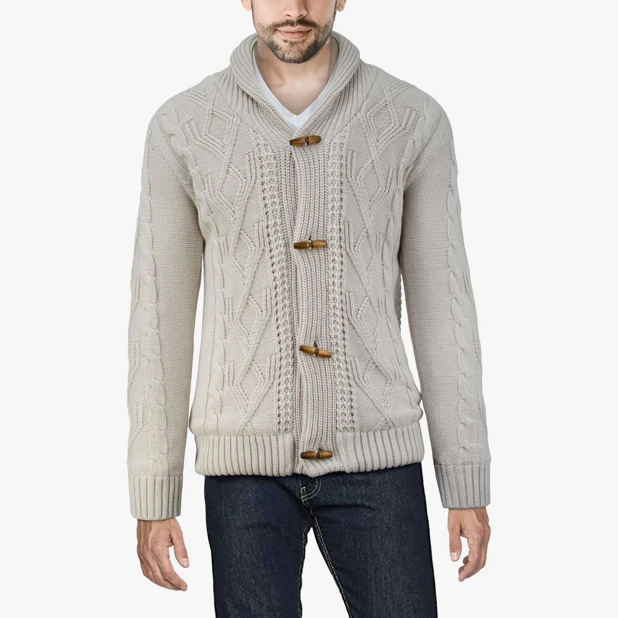 X RAY Men's Cable Knit Shawl Collar Cardigan