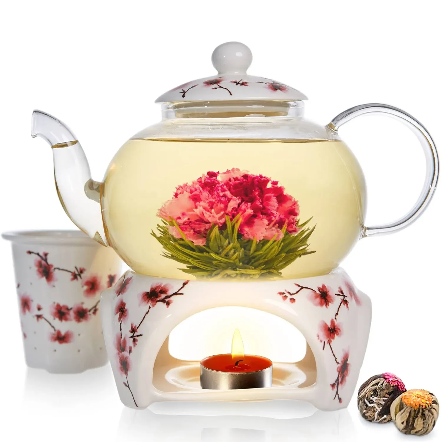 Teabloom Cherry Blossom Teapot & Flowering Tea Set - Stovetop Safe Glass Teapot