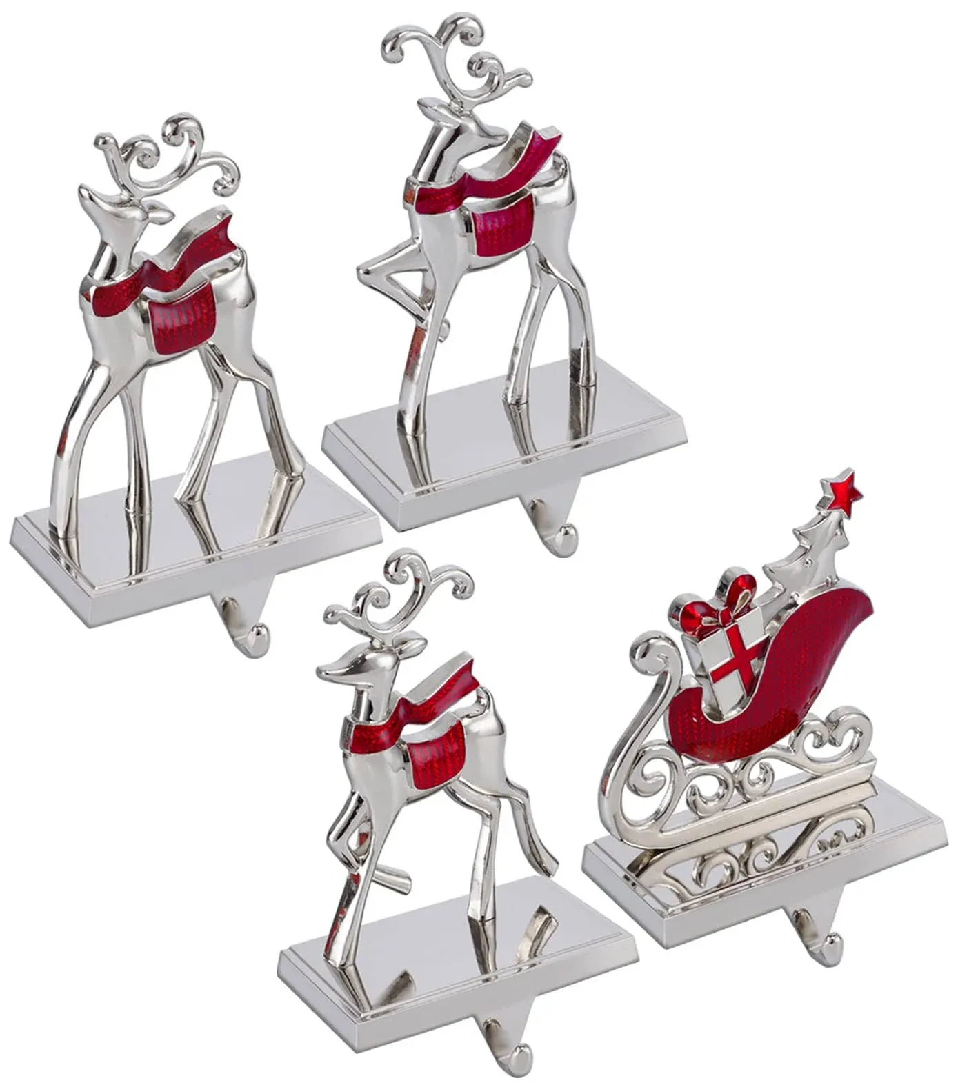 Set of 4 Reindeer Christmas Stocking Hangers for Mantel Xmas Stocking Hooks for Fireplace Mantle,Metal Free Standing Indoor Sleigh Stocking Holder for Christmas Decorations (Red Reindeer Set)