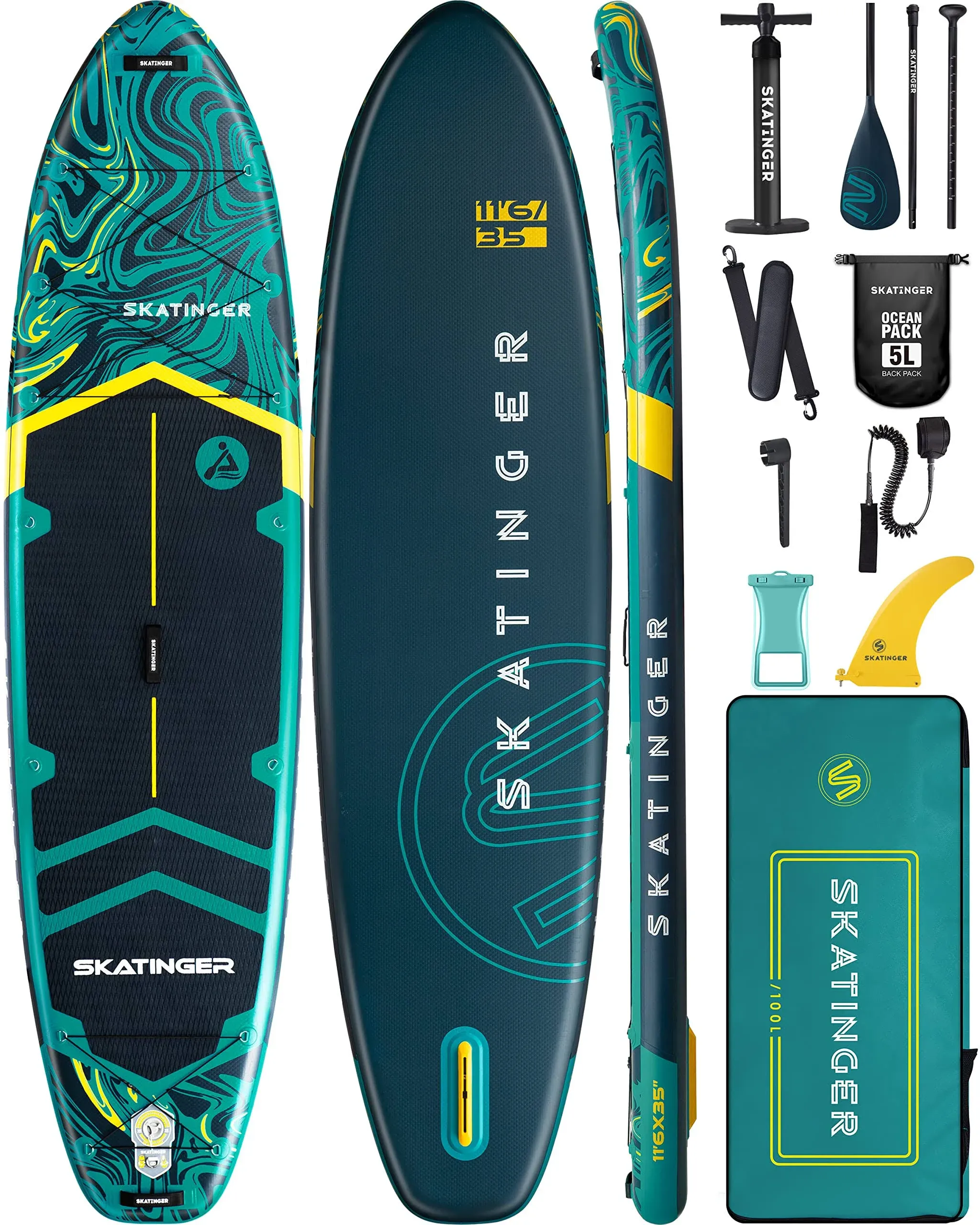 Skatinger 11'6×35" Super Wide Inflatable Stand Up Paddle Board Ultra Stable Wide SUP for 2+1 People/Family/Big Size w/Shoulder Strap