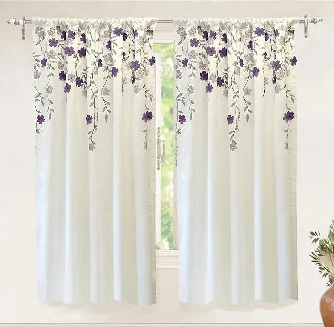 DriftAway Isabella Faux Silk Embroidered Window Curtain Embroidered Crafted Flower Lined with Thermal Fabric Single Panel 50 Inch by 96 Inch Ivory Purple